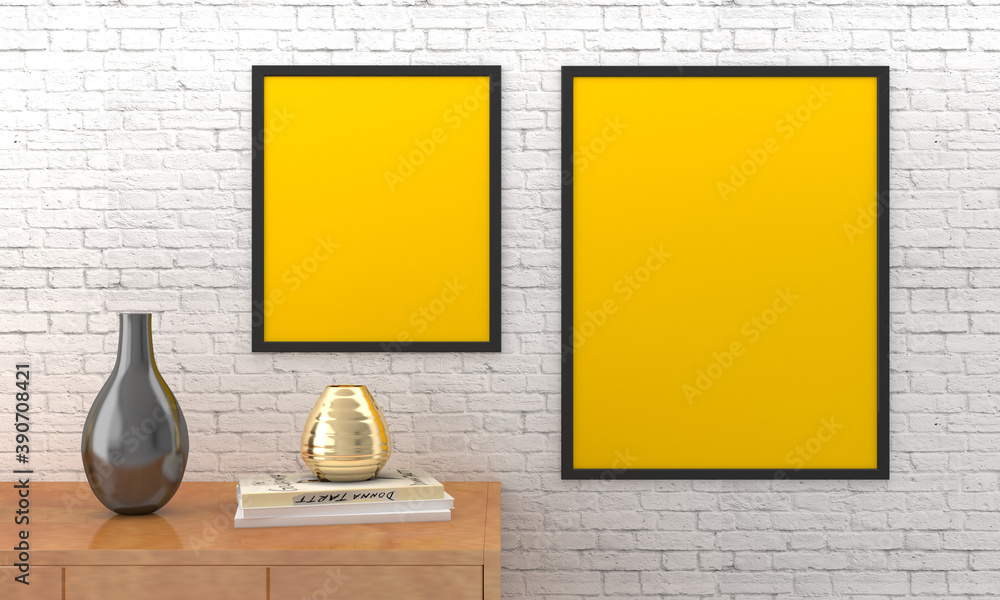 Poster 3d rendering of frames mounted on the wall with countertops and decorations on the side