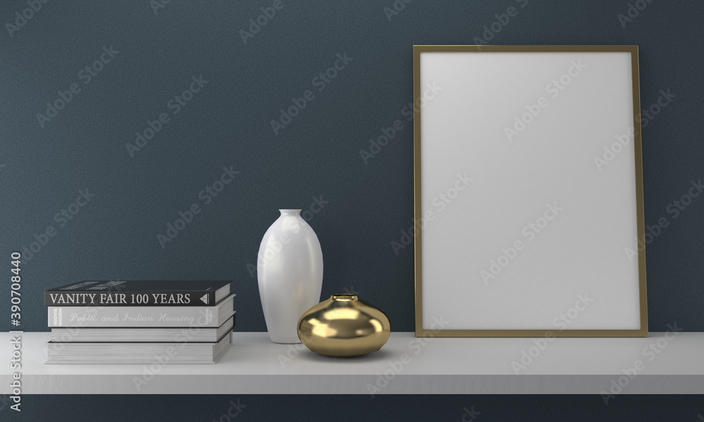 Poster 3d rendering of frames on a countertop with decorations on the side on a gray background