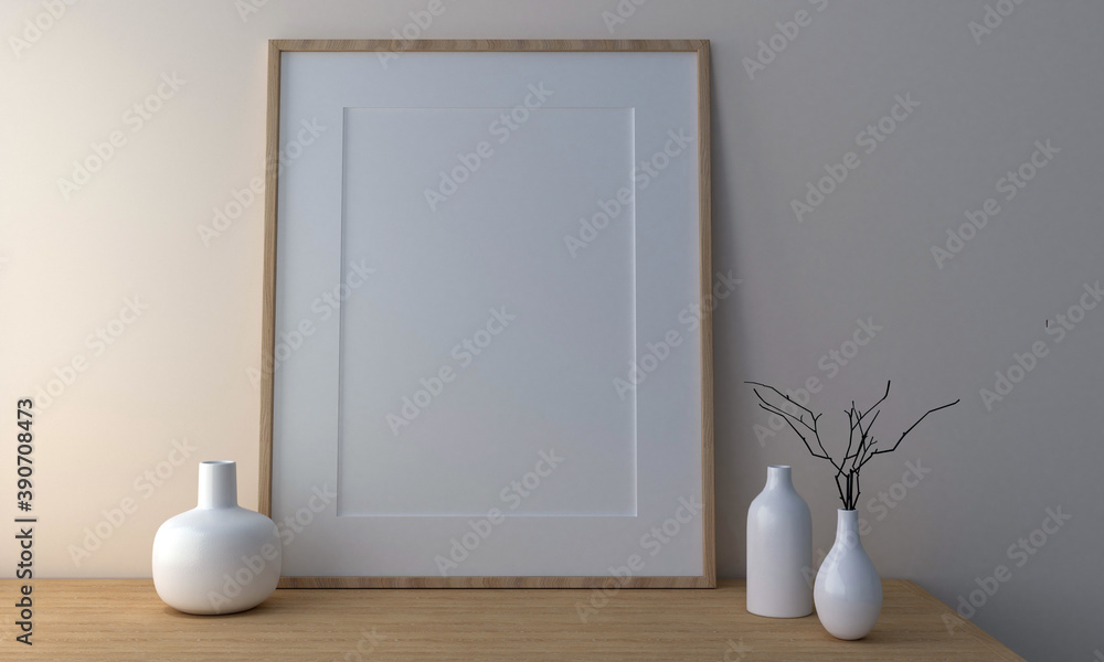 Poster 3d rendering of frames on a countertop with decorations on the side on a white background