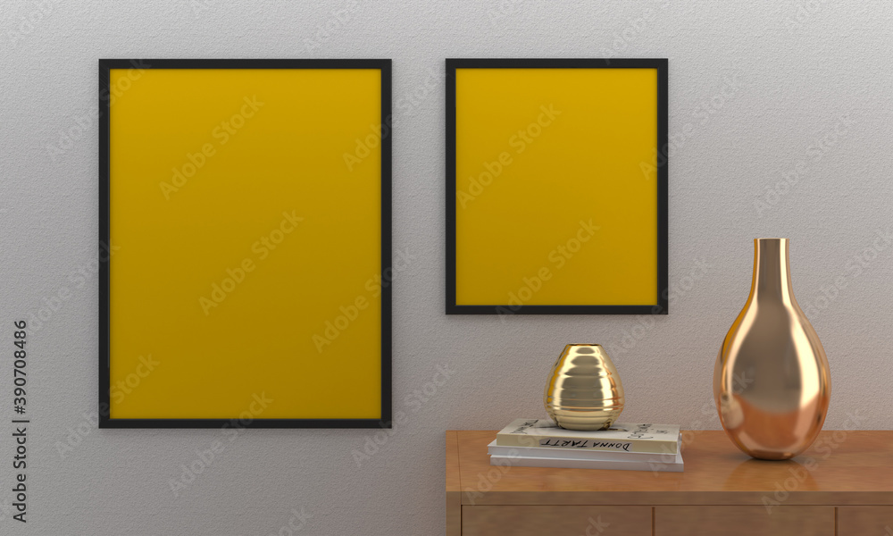 Poster 3d rendering of frames mounted on the wall with countertops and decorations on the side