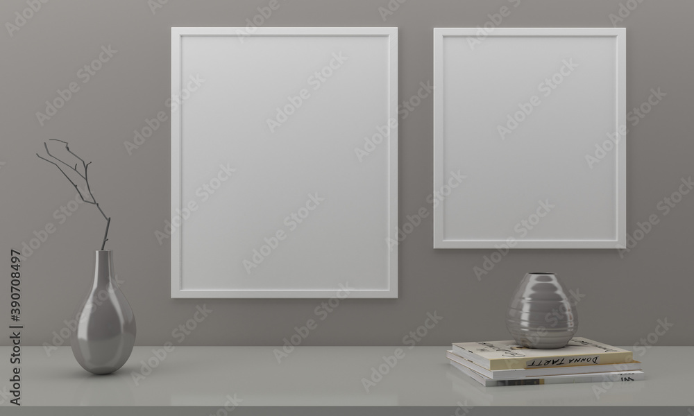 Poster 3d rendering of frames mounted on the wall with countertops and decorations on the side