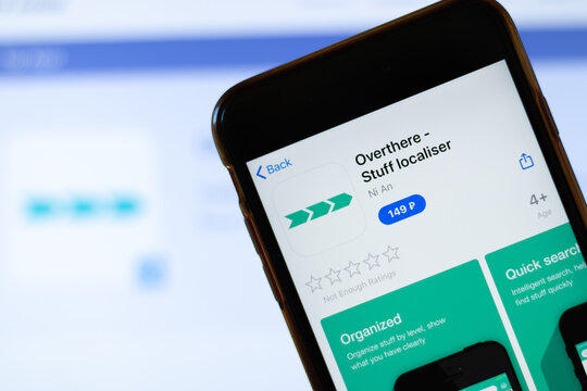 Moscow, Russia - 1 June 2020: Overthere Stuff localiser mobile app logo on phone screen, close-up icon, Illustrative Editorial