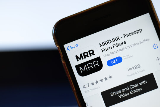 Moscow, Russia - 1 June 2020: MRRMRR Faceapp Face Filters mobile app logo on phone screen, close-up icon, Illustrative Editorial