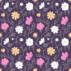 Fototapeta na wymiar Cosmos flower background of autumn shades. Elegant floral ornament for textile, wrapping paper, bad linen, clothes design. EPS 10 vector seamless pattern.
