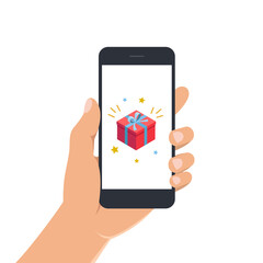 Male hand with holding smartphone with gift box on screen. Gifts app page on smart phone screen. Isolated hand with mobile phone. Vector illustration
