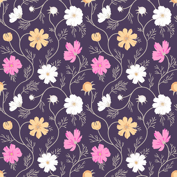 Cosmos Flower Background Of Autumn Shades. Elegant Floral Ornament For Textile, Wrapping Paper, Bad Linen, Clothes Design. EPS 10 Vector Seamless Pattern.