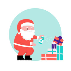Santa Claus disinfects pile of gifts with spray sanitizer. Vector flat illustration