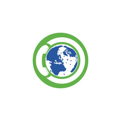 Globe with handset vector logo icon. Call and globe icon international call symbol logo template design.	