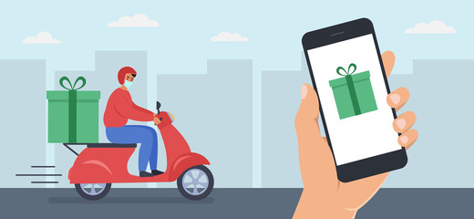 Online fast gift delivery on motor scooter via mobile phone app. Hand holding smart phone. Courier in medical mask riding a red scooter with a delivery gift box. Urban background. Vector illustration
