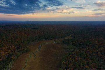 Aerial view on the lake in the forest at sunset