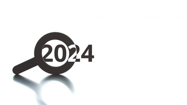 2024 text pops up from the magnifying glass icon, conceptal clip