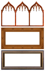 Set of wooden frames for paintings, mirrors or photo isolated on white background