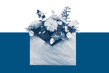 Summer  flowers in a brown paper envelope on the white background. Birthday, Women's day  concept, mother's day. Flat lay. Aster, daisy, bindweed