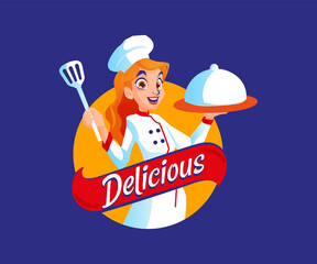A Woman Chef with delicious food mascot logo