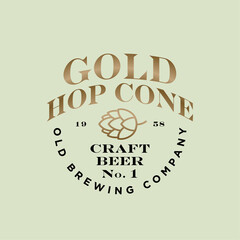 Gold Hop cone logo. Beer Pub emblem like classic coat of arms. Craft Beer logotype. Old brewing company
