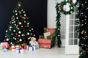 Christmas black interior Christmas tree holiday decor presents new year