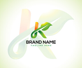 Leaf logo and initial letter K 3d logo concept