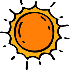 Yellow round sun, children's style drawing with rays and sticks. Icon for tanning salons, travel agencies.