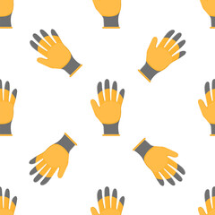 Seamless pattern with cartoon yellow rubber gloves on white background. Gardening tool. Vector illustration for any design.