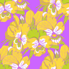 Colorful floral seamless pattern with hand drawn pansy flowers on violet background. Stock vector