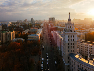 Evening autumn Voronezh, aerial view. Tower of management of south-east railway and Revolution prospect