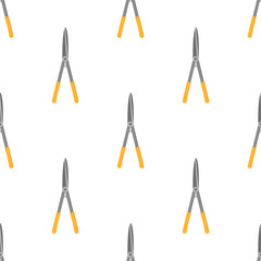 Seamless pattern with cartoon gardening scissors on white background. Gardening tool. Vector illustration for any design.