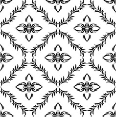 Flowers into the rhomb. Seamless pattern. Black and white illustration. Wallpaper
