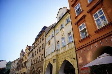 PRAGUE, CZECH REPUBLIC - Jul 26, 2019: Row of colorful buildings in the city center