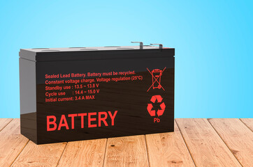 Sealed UPS batteries on the wooden planks, 3D rendering