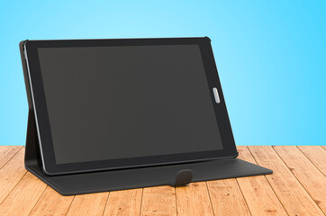 Tablet computer on the wooden planks, 3D rendering