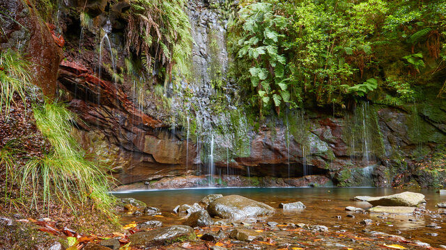 The 25 Fontes waterfall and natural pool. Hiking point, located in Raba&ccedil;al, Paul da Serra on Madeira Island.
