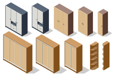 Isometric various elements wooden wardrobes isolated on white background for creating a interior of modern wardrobe room design. Spacious wardrobe interior.