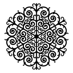 Round ornament, mandala. Christmas snowflake pattern, decorative design element. Icon, beautiful pattern. Black drawing on a white background. Vector illustration