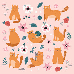 Hand drawn funny ginger cats with toy - mouse and ball of thread. Doodle spring flowers. Cartoon pets.