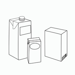 A set with three different types of packaging. Sketches of boxes for milk, cream, tea, juice. Vector illustration.