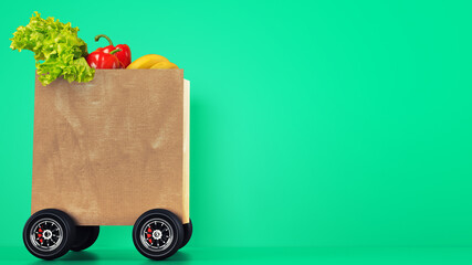 Delivery of the grocery with a shopping bag on wheels with green background