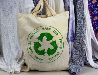 Circular Economy Textiles on fabric bag make, use, reuse, swap, donate, recycle with eco clothes...