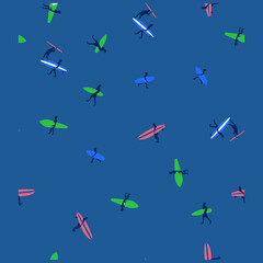 Surfers on surfboards in sea waves vintage seamless pattern on white background. Vector