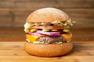 hamburger on wooden table