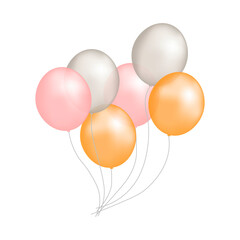 Vector Realistic Glossy Metallic Golden, Pink, White Balloon Set Closeup Isolated on White Background. Bunch, Group. Design Template of Translucent Helium Baloons, Mockup, Anniversary, Birthday Party