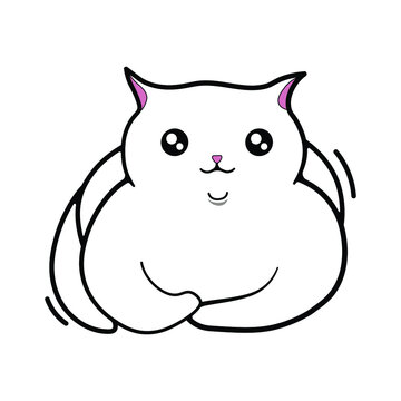 Fat white cat lying on the floor and looking at the screen. Vector image in eps format.
