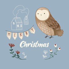 Merry Christmas poster with owl and houses. Blue background. Doodle winter holidays