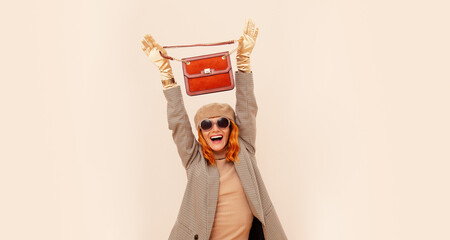 Happy Paris Girl in fashion elegant outfit. Trendy beige beret, sunglasses and stylish plaid...