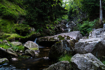 Naklejka na ściany i meble A mountain stream with large boulders and a green forest in the background. Long exposure time.