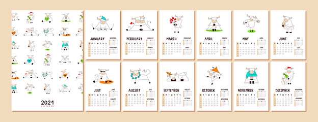 Calendar or planner A4 format for 2021 with kawaii white ox, bull, cow. Symbol of New Year. Cover and 12 monthly pages with cute vector illustrations. Week starts on Sunday