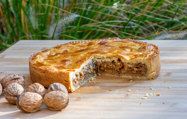 Bündner Nusstorte, or Engadiner Nusstorte,  a traditional sweet, caramelised nut-filled pastry...