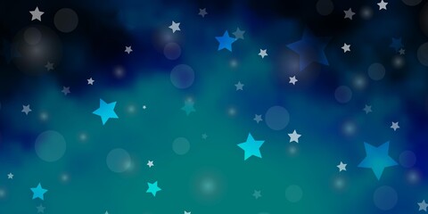 Dark BLUE vector background with circles, stars.