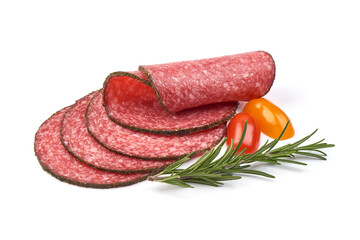 Peppered salami slices, isolated on white background