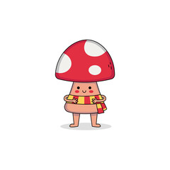 Cute mushroom cartoon character wearing scarf