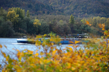Tankmotorschiff auf Fluss in Deutschland im Herbst - Stockfoto